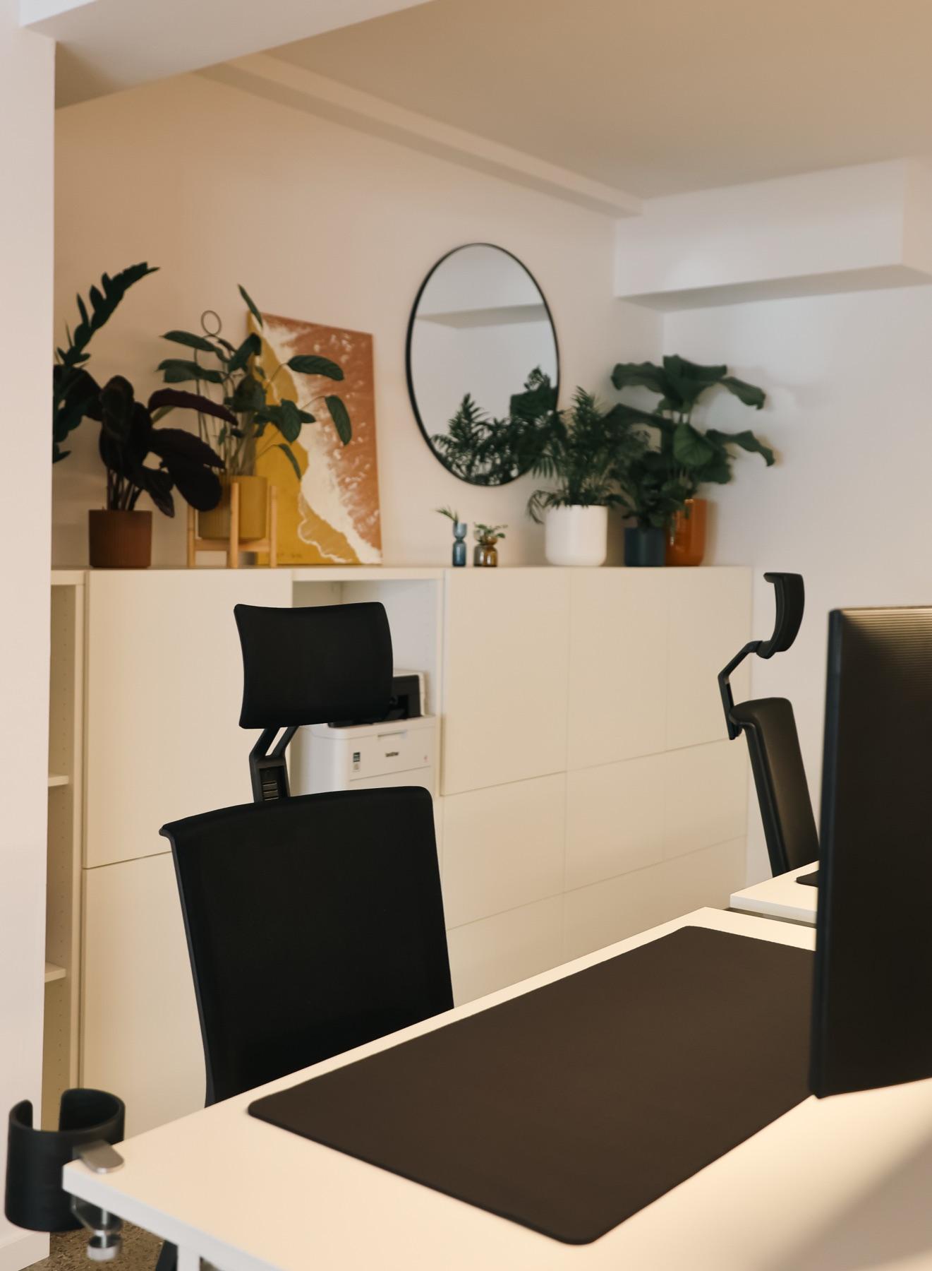 Office desk with plants and warm light